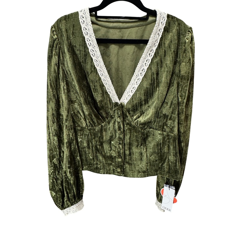 Cider Olive Green Velvet Blouse with White Lace Trim